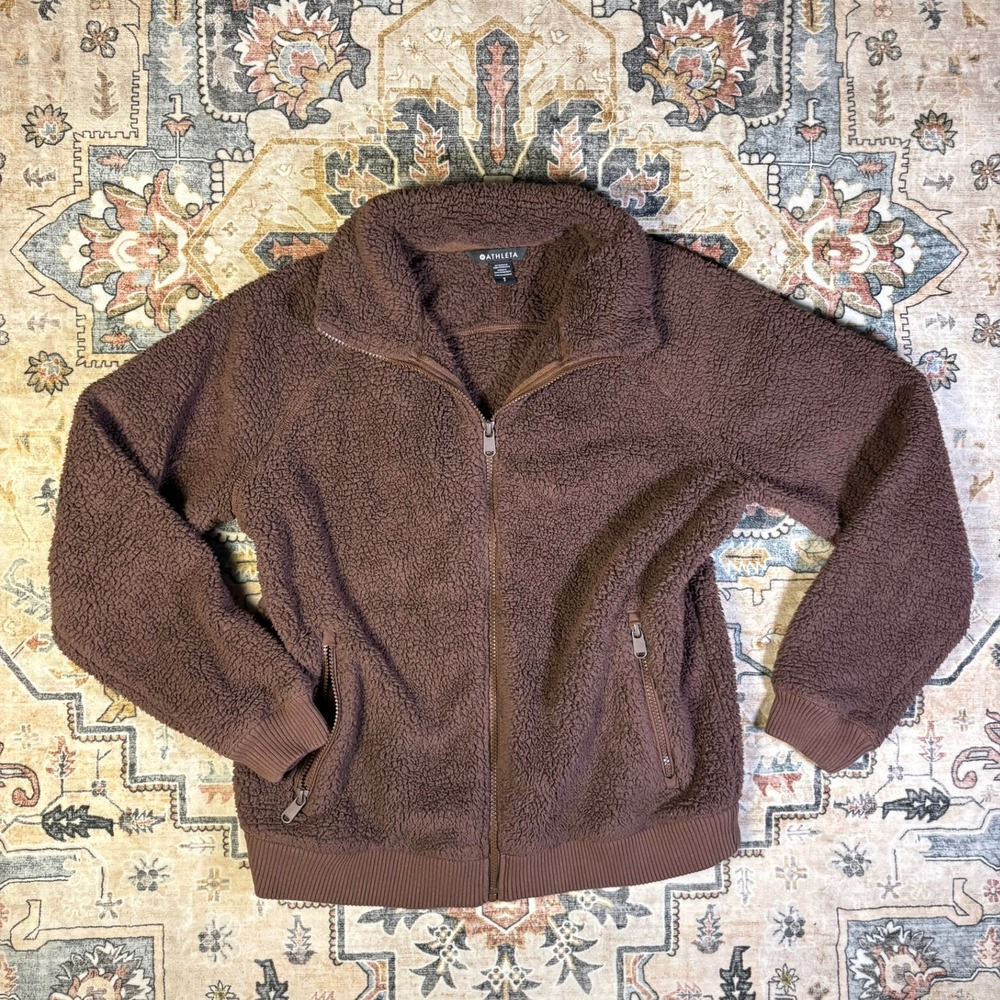 Athleta Tugga II Jacket Brown Sherpa Fleece Full Zip Yoga Fall Gym Womens Small